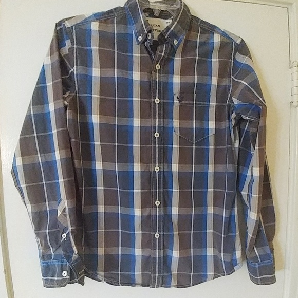 American Eagle Outfitters Brown/Blue Plaid Shirt Athletic Fit S - Picture 4 of 4